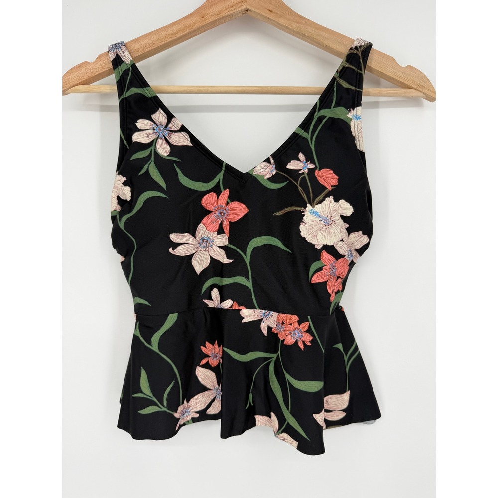New Shade & Shore Women's Black Floral Peplum Tankini Swim Top